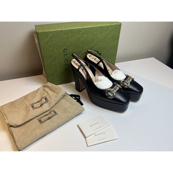 GUCCI SHOES PLATFORM BLACK LEATHER SLINGBACK PUMPS w HORSEBIT $1,100 sz 39 9 - Picture 1 of 9